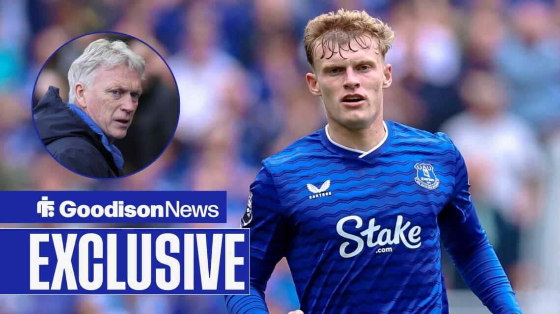 Goodison News exclusive as Everton star Jarrad Branthwaite is in action during a game, as David Moyes watches on concernedly from a circular inset.