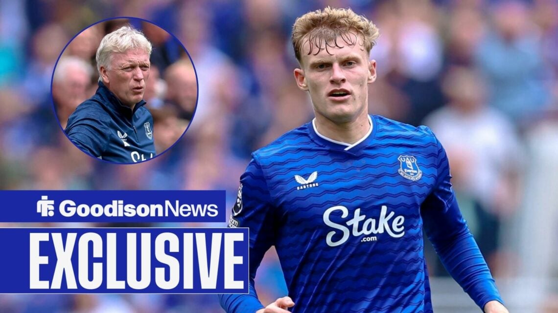 Everton star Jarrad Branthwaite looking concerned, David Moyes in inset.