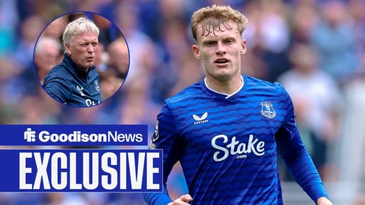 Everton star Jarrad Branthwaite looking concerned, David Moyes in inset.