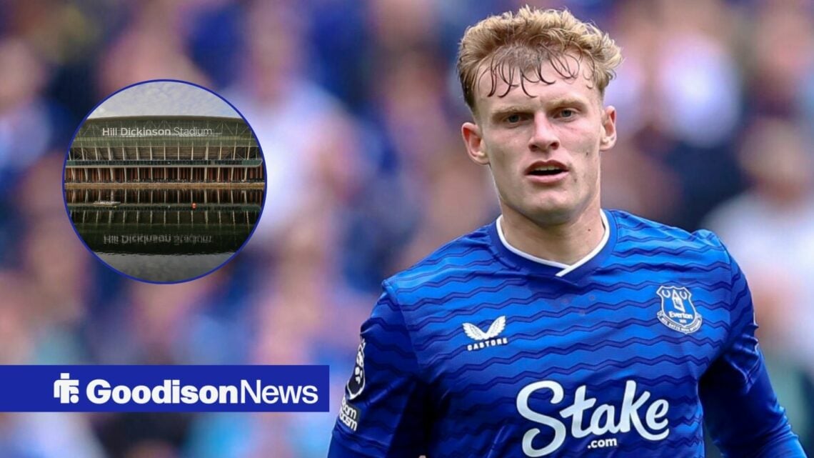 Everton defender Jarrad Branthwaite, Hill Dickinson Stadium in inset.