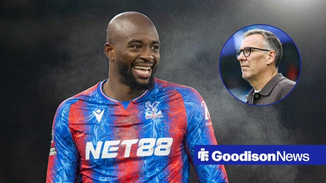 Crystal Palace striker Jean-Philippe Mateta will face Everton, Paul Merson in inset.