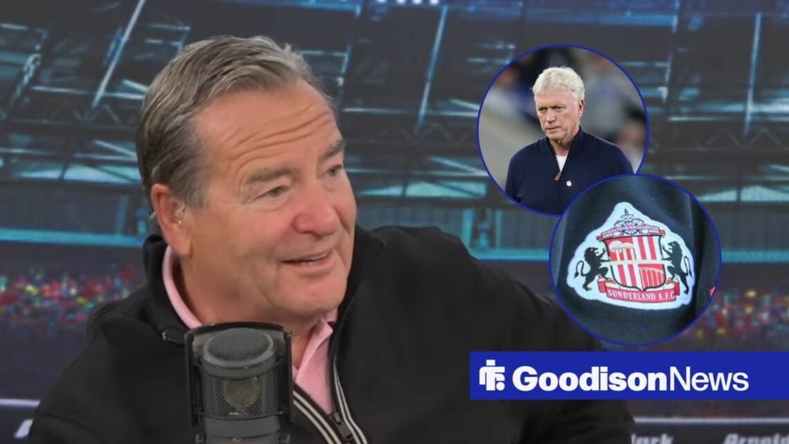 Jeff Stelling live on air, Everton boss David Moyes and Sunderland badge in inset.