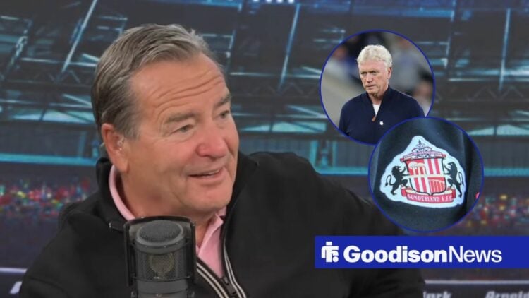 Jeff Stelling live on air, Everton boss David Moyes and Sunderland badge in inset.