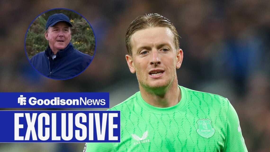 Everton star Jordan Pickford looking happy, Dan Friedkin in inset.