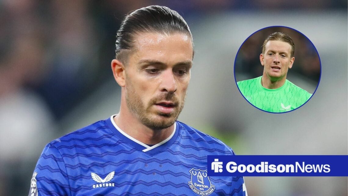 Everton star Jack Grealish looking miserable, Jordan Pickford in inset.
