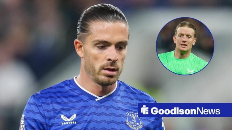 Everton star Jack Grealish looking miserable, Jordan Pickford in inset.