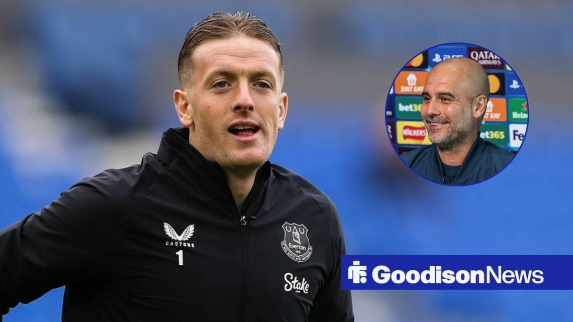 Everton goalkeeper Jordan Pickford smiling, Man City boss Pep Guardiola in inset.
