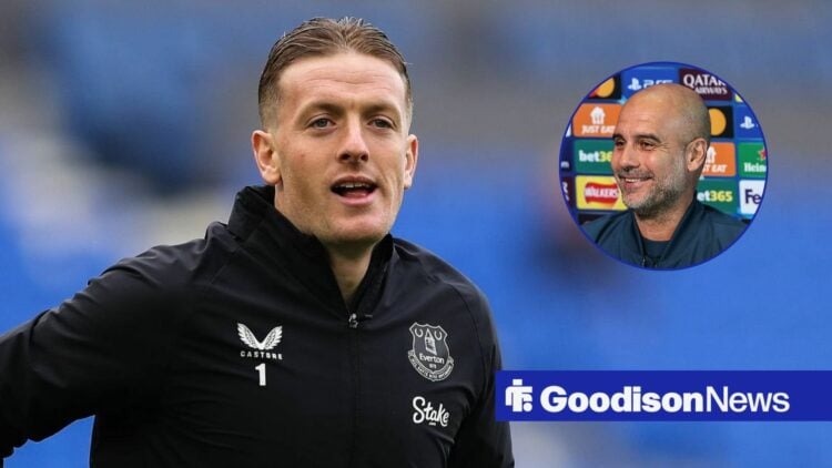 Everton goalkeeper Jordan Pickford smiling, Man City boss Pep Guardiola in inset.