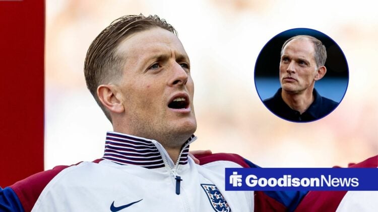 Everton star Jordan Pickford in England tracksuit, Thomas Tuchel in inset.