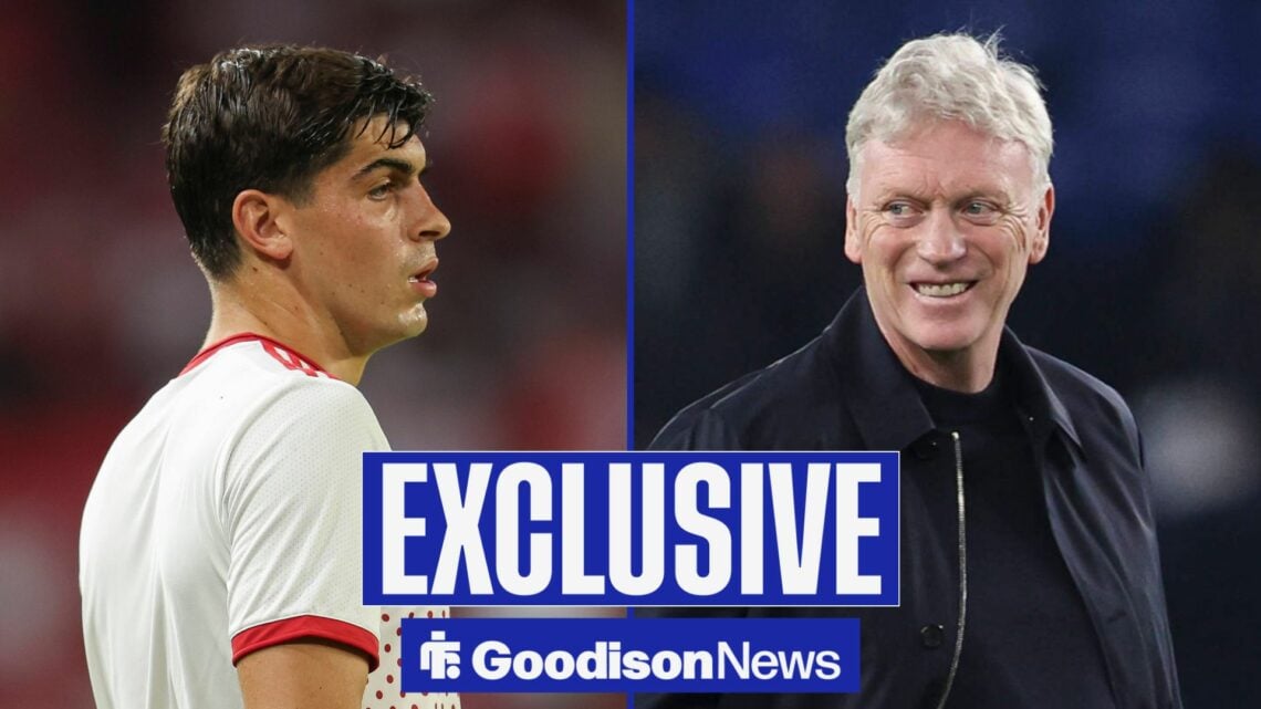 Goodison News exclusive as Sevilla defender Juanlu Sanchez stares across a split image at Everton manager David Moyes, who grins back at him.