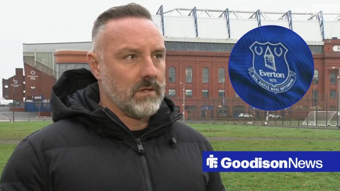 Kris Boyd looking frustrated, Everton badge in inset.