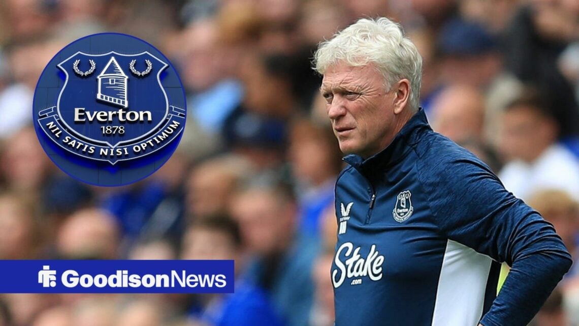 David Moyes looking unimpressed at Everton badge in circular inset