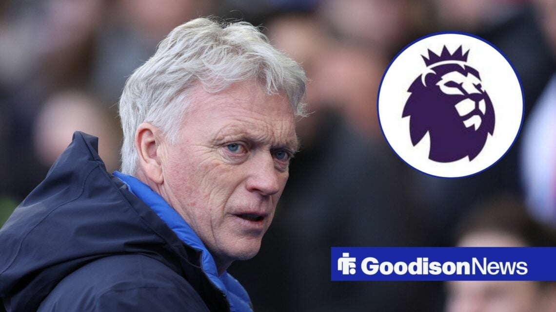 David Moyes looking shocked and Premier League badge in circular inset