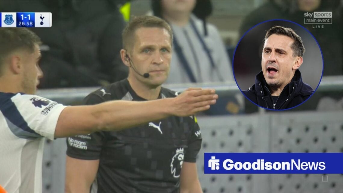 Craig Pawson with Micky van de Ven holding his arm out and Gary Neville in a round overlay