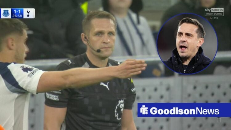 Craig Pawson with Micky van de Ven holding his arm out and Gary Neville in a round overlay