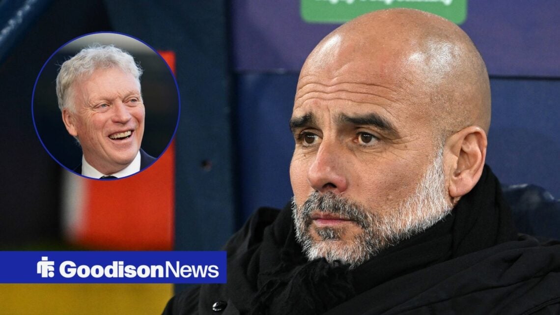 Manchester City manager Pep Guardiola stares solemnly out of the dugout, while Everton boss David Moyes grins in a circular inset.