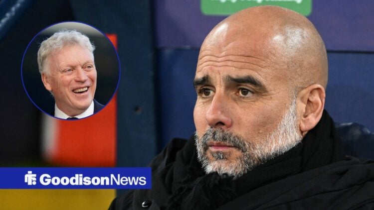 Manchester City manager Pep Guardiola stares solemnly out of the dugout, while Everton boss David Moyes grins in a circular inset.