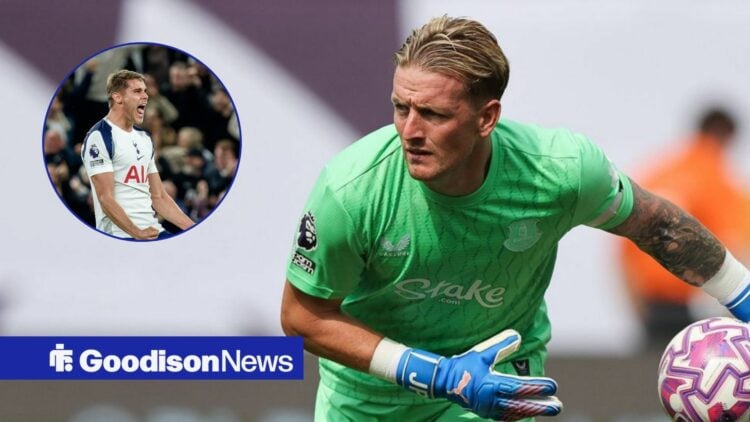 Jordan Pickford rolling a ball out and Micky van de Ven celebrating in a round overlay