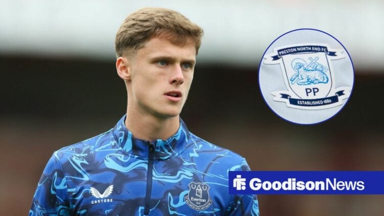 Everton youngster Harrison Armstong looking stern, Preston badge in inset.