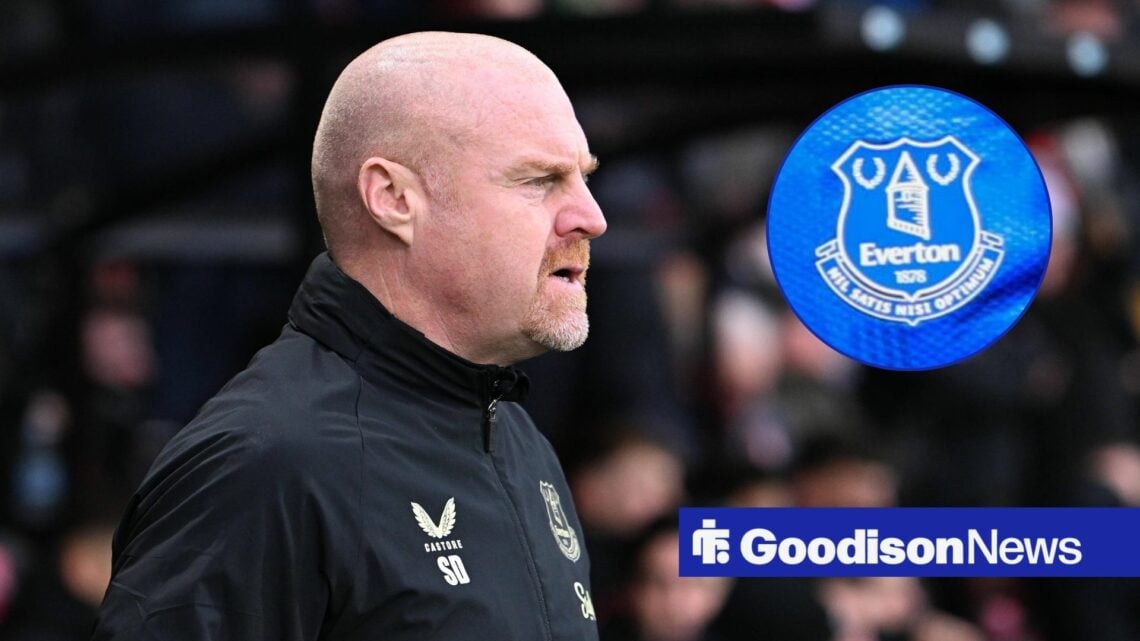 Sean Dyche looking on, Everton badge in inset.