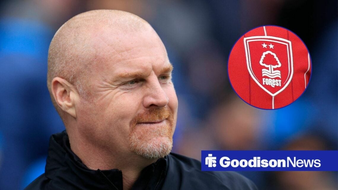 Former Everton boss Sean Dyche smiling, Nottingham Forest badge in inset.