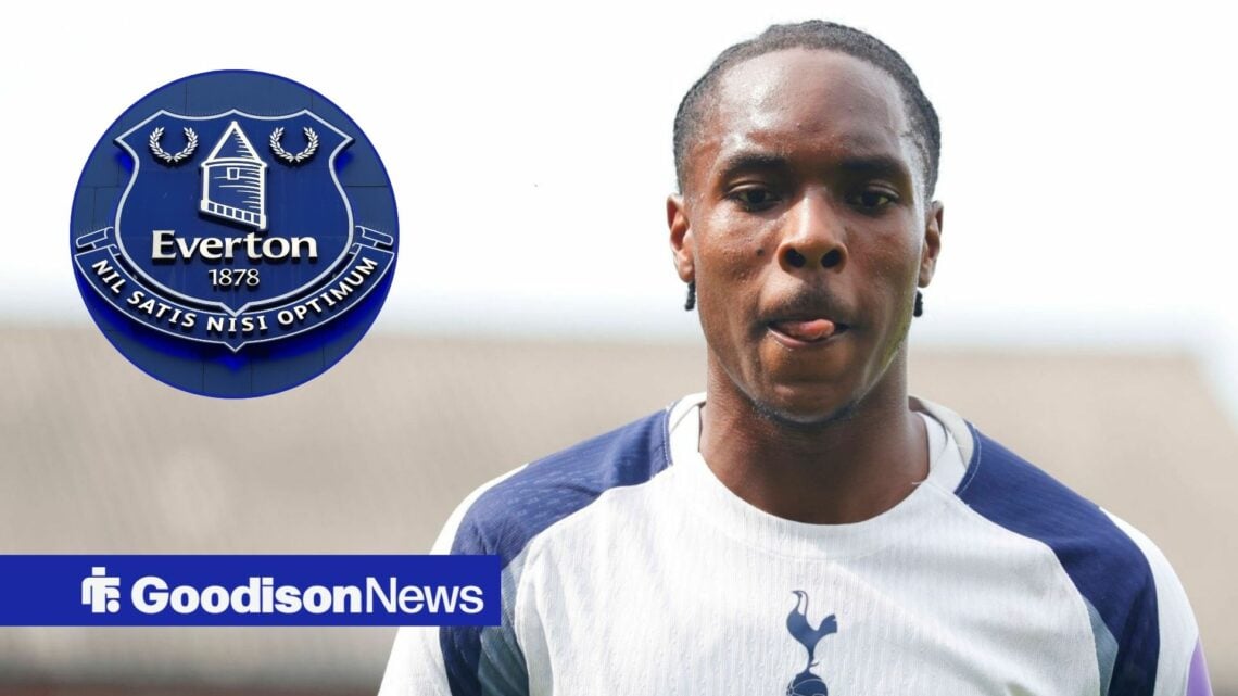 Mathys Tel in action for Tottenham and Everton badge in circular inset