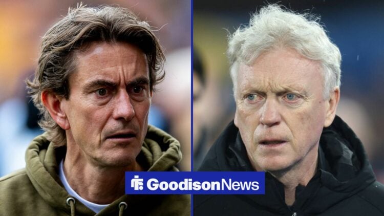 Everton boss David Moyes and Tottenham boss Thomas Frank looking worried.