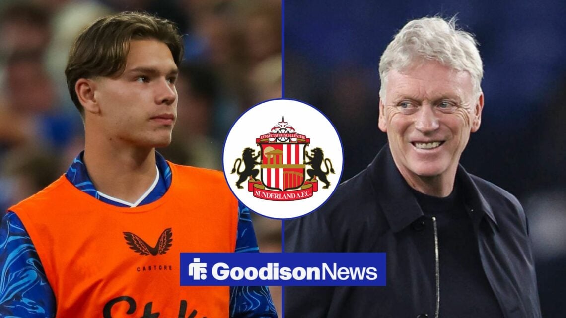 Everton star Tyler Dibling looking miserable, David Moyes looking happy with Sunderland badge in inset.