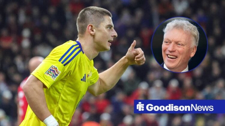 Everton star Vitalii Mykolenko looking happy with Ukraine, David Moyes in inset.