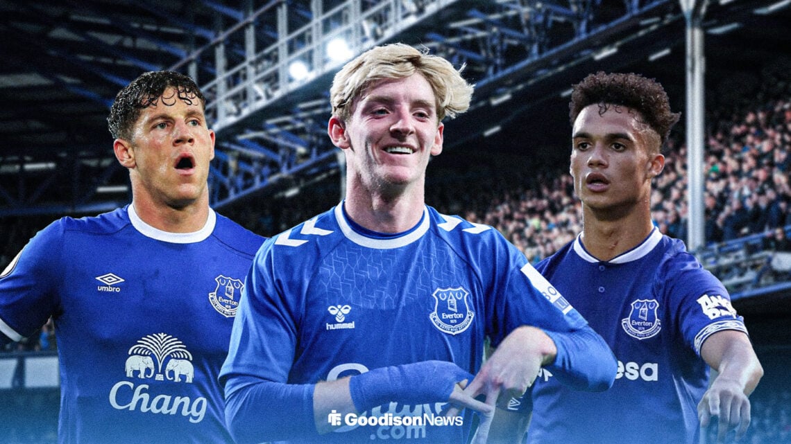 Anthony Gordon celebrating in centre, with Ross Barkley on left and Antonee Robinson on right
