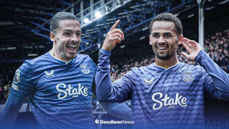 Everton players Iliman Ndiaye and Jack Grealish celebrate