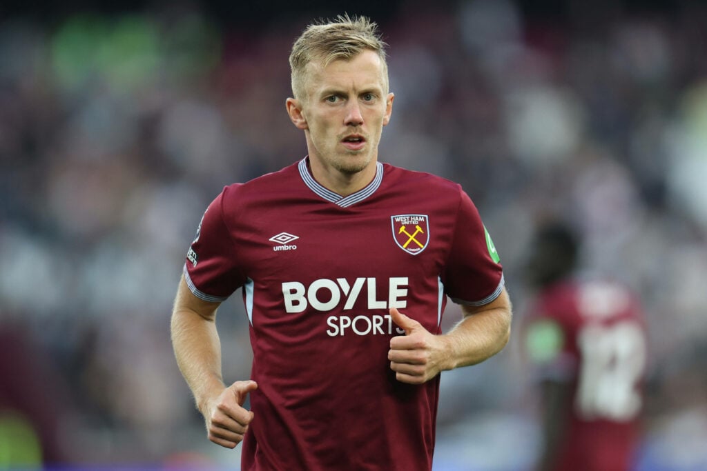 West Ham midfielder James Ward-Prowse jogs during a game.