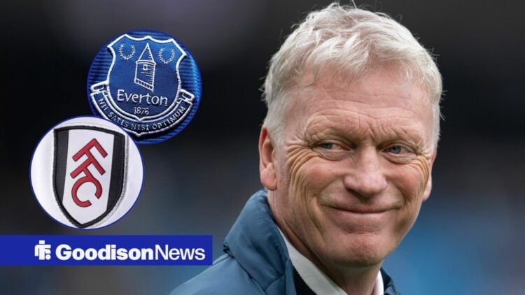 Everton manager David Moyes smiles with Everton and Fulham badges inset