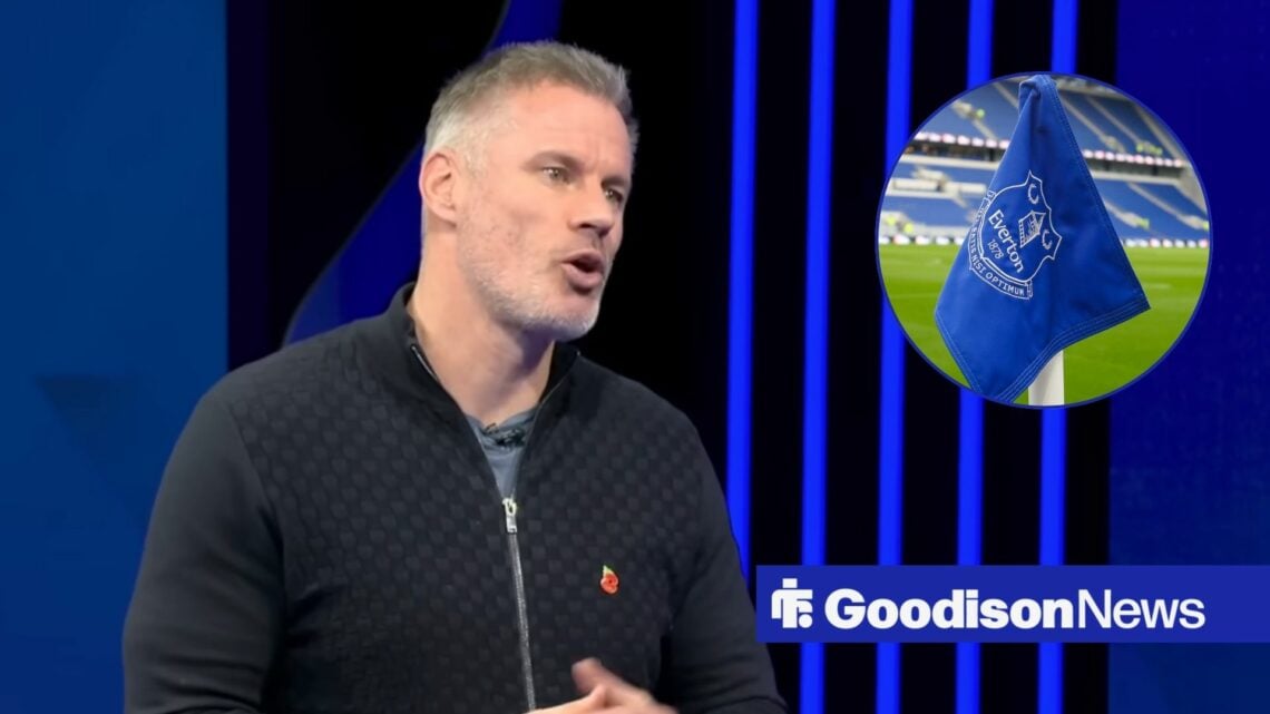 Jamie Carragher looks towards a circular frame that contains an Everton flag