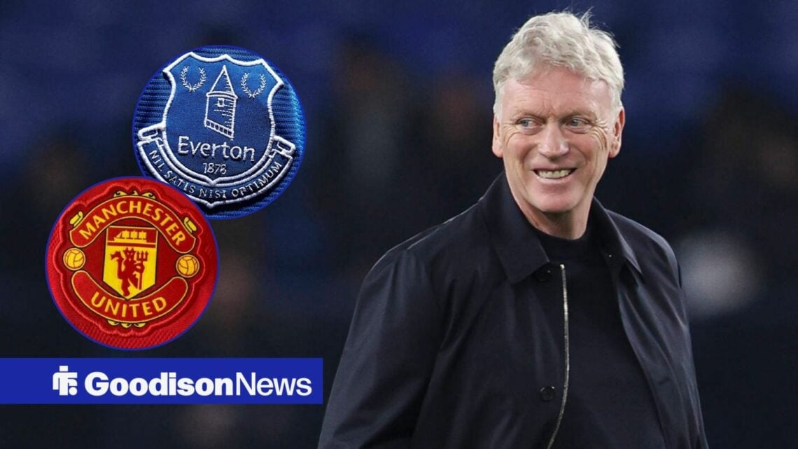 Everton manager David Moyes smiles with Everton and Manchester United badges inset