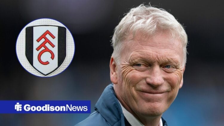 David Moyes smiling towards Fulham badge