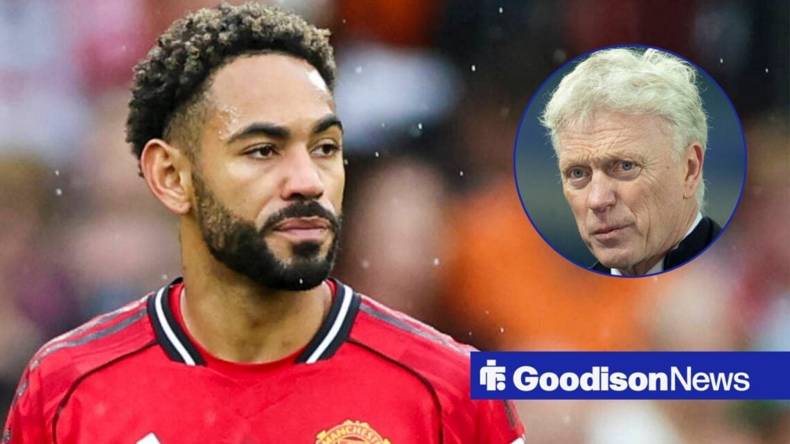 Manchester United forward Matheus Cunha with Everton manager David Moyes inset