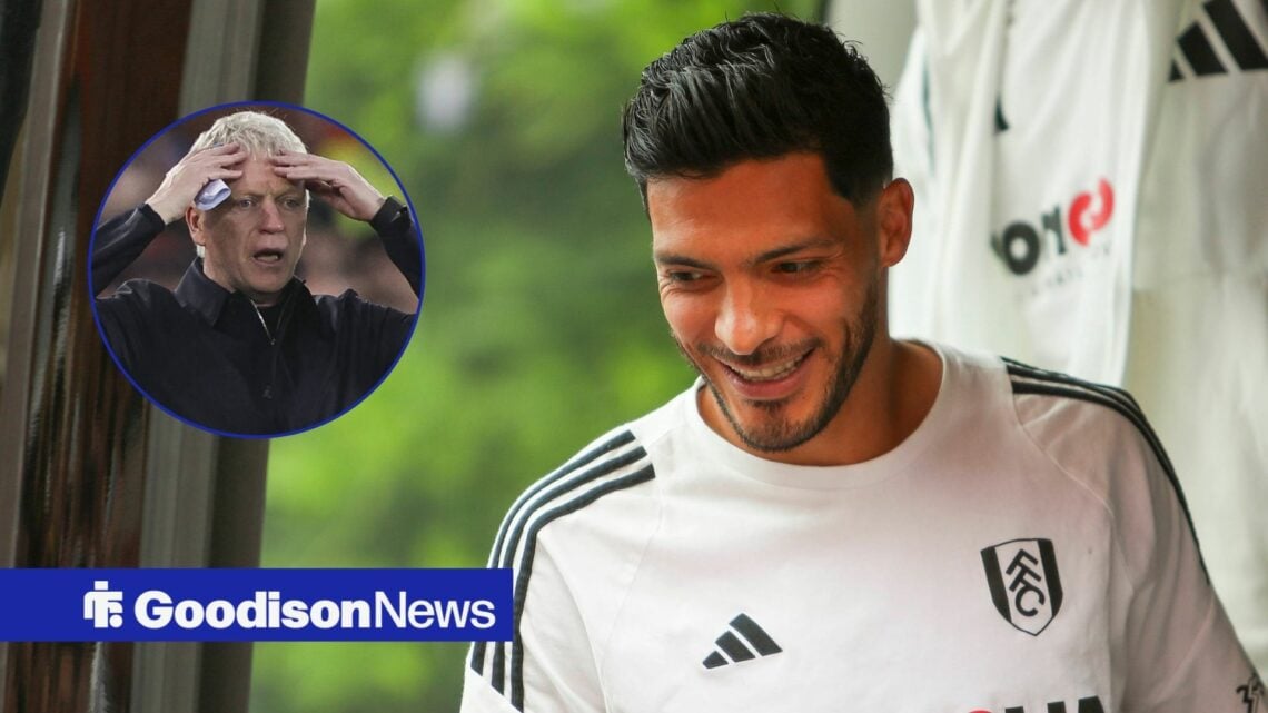 Raul Jimenez smiling with David Moyes with hands on head in circle