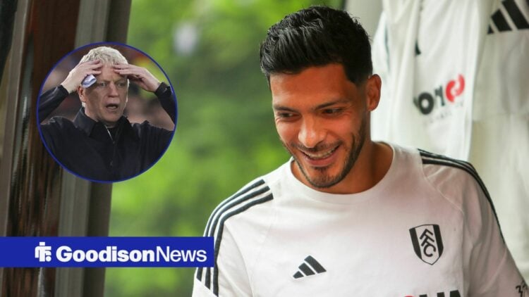 Raul Jimenez smiling with David Moyes with hands on head in circle