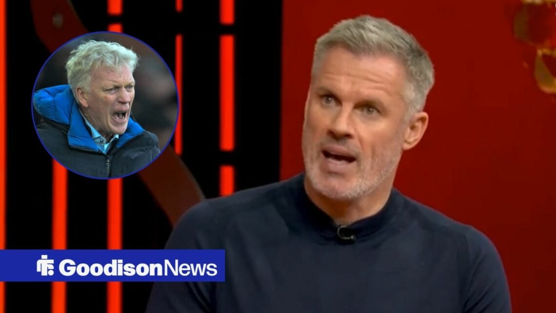 Jamie Carragher looks towards a circular frame of David Moyes in Everton gear