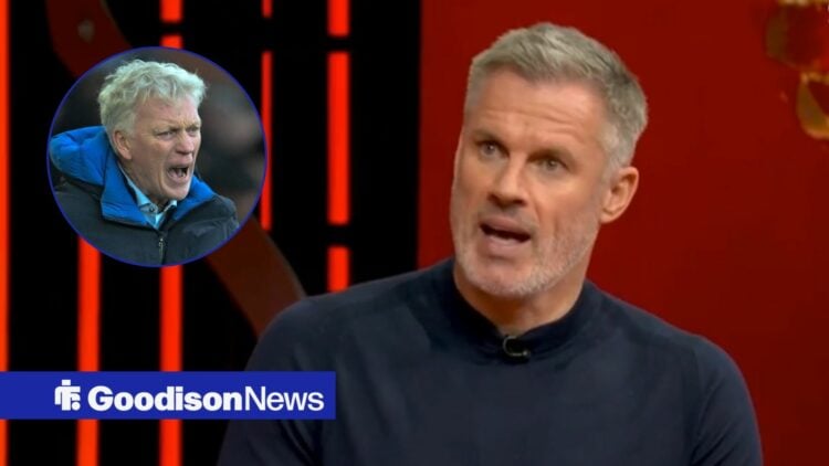 Jamie Carragher looks towards a circular frame of David Moyes in Everton gear