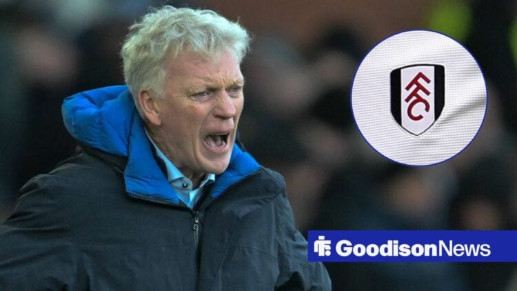 David Moyes shouting with Fulham badge in frame