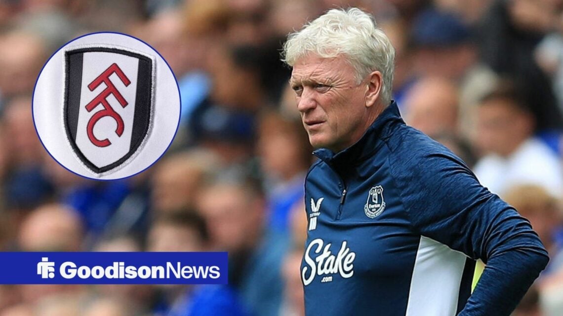 David Moyes with a serious look on his face, in the direction of the Fulham badge.