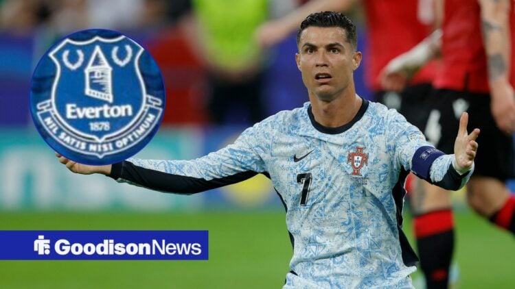 Cristiano Ronaldo alongside a circle inset of an Everton badge.