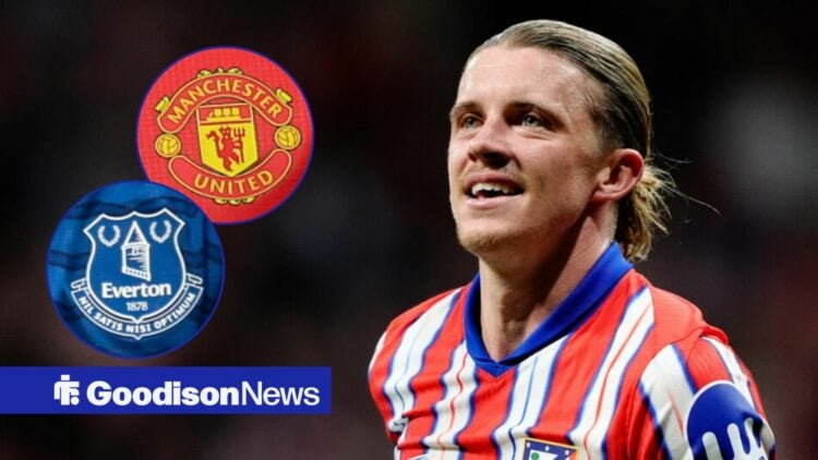 Conor Gallagher playing for Atletico Madrid looking towards circle insets of the Everton and Manchester United badges