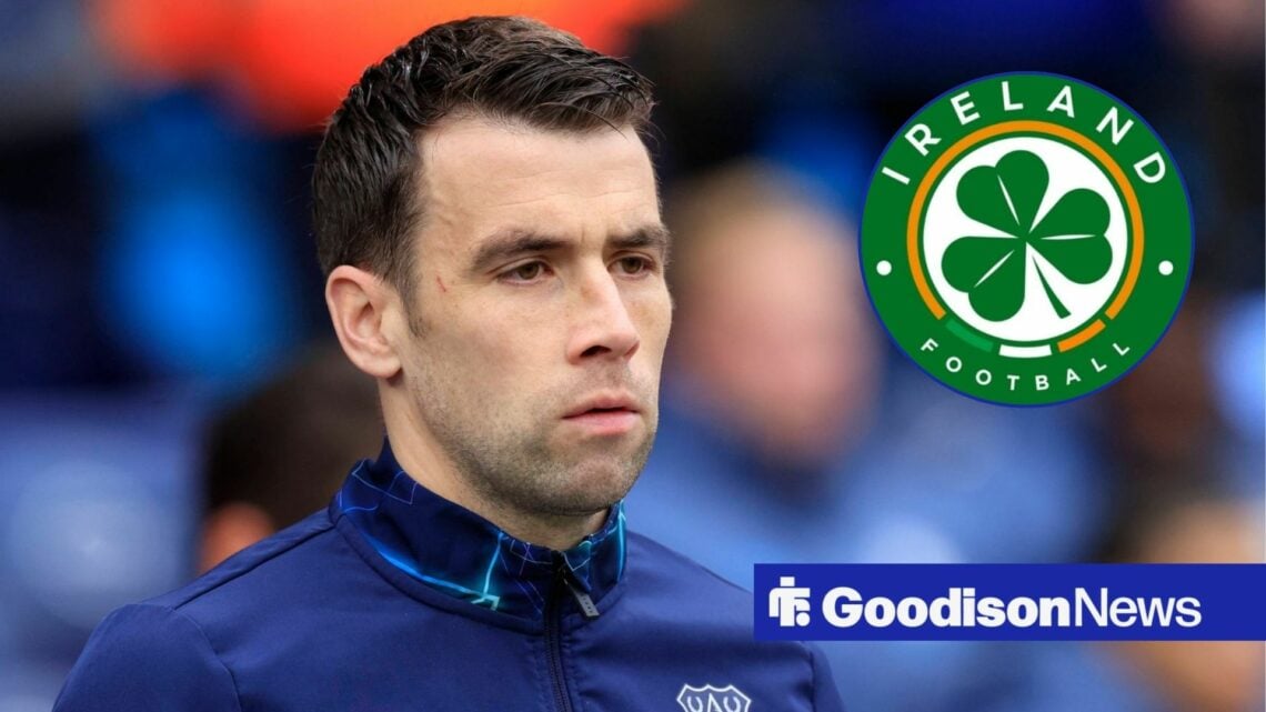 Seamus Coleman with a serious look on his face towards the Ireland badge.