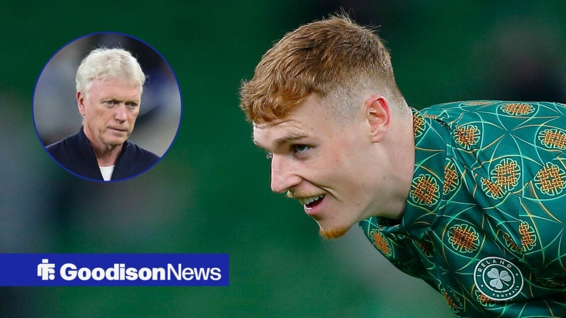 Jake O'Brien looking at David Moyes and smiling in Ireland gear.