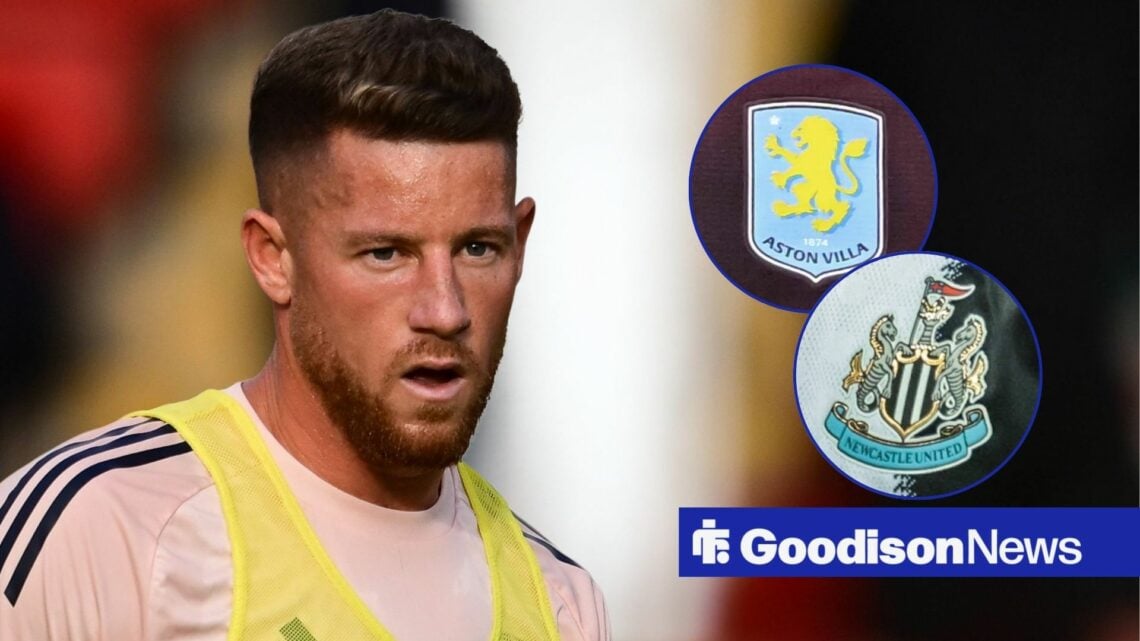 Ross Barkley warming up for Aston Villa looking towards circle insets of an Aston Villa badge and a Newcastle United badge