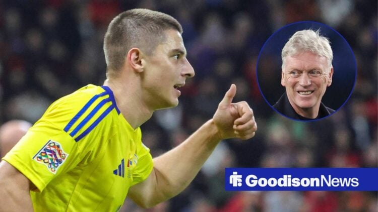 Vitalii Mykolenko alongside a circle inset of David Moyes.