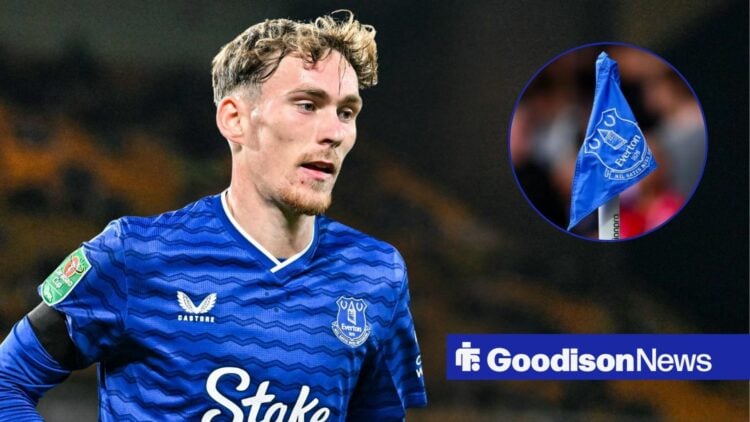 James Garner playing for Everton looking towards an Everton flag in a circle inset